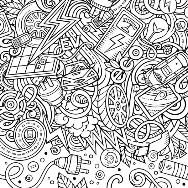 Cartoon Schattige Doodles Elektrische Voertuig Frame Kaart Line Art Gedetailleerd — Stockvector