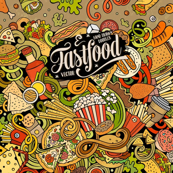 Illustrazione Scarabocchi Vettoriali Disegnati Mano Fastfood Design Della Scheda Telaio — Vettoriale Stock