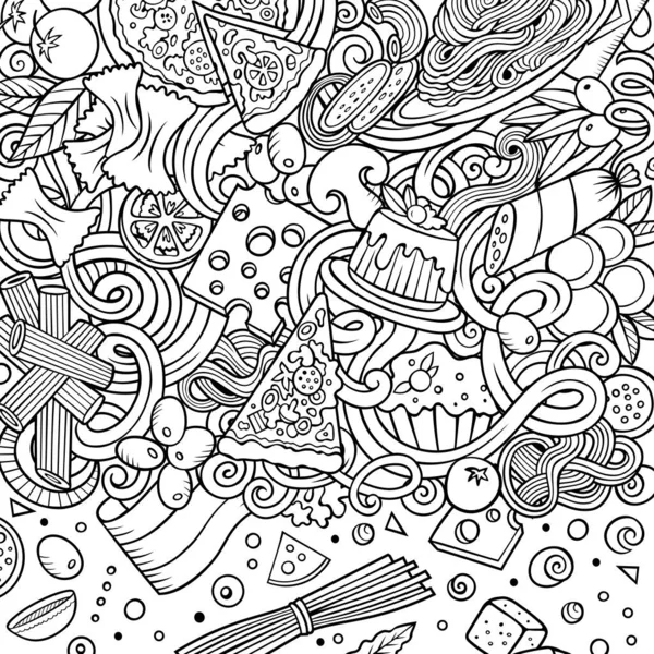 Κινούμενα Σχέδια Διάνυσμα Doodles Ιταλική Πλαίσιο Τροφίμων Σκίτσο Λεπτομερές Φόντο — Διανυσματικό Αρχείο