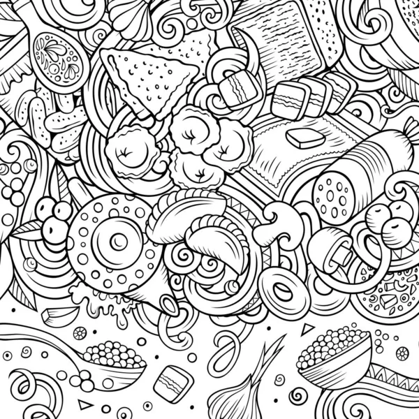 Desenhos Animados Vetor Doodles Moldura Eslava Comida Arte Linha Detalhada — Vetor de Stock