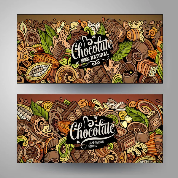 Cartoon Leuke Kleurrijke Vector Doodles Chocolade Huisstijl Horizontale Banners Ontwerp — Stockvector