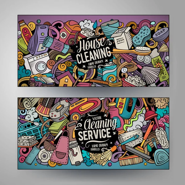Cartoon Cute Colorful Vector Doodles Cleaning Corporate Style Горизонтальных Баннера — стоковый вектор