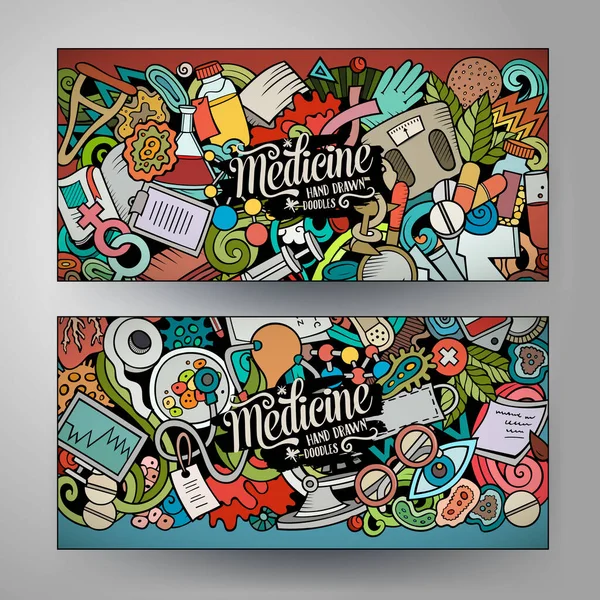 Cartoon Leuke Kleurrijke Vector Doodles Geneeskunde Huisstijl Horizontale Banners Ontwerp — Stockvector