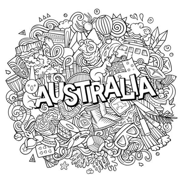 澳大利亚手绘卡通画 有趣的澳大利亚设计 创意光栅背景 带有大洋洲国家要素和目标的手写文本 线条清晰的构图 — 图库照片