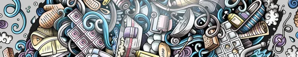 浴室の手のドアのバナーを描いた 漫画の詳細なチラシ オブジェクトや記号とバスルームのアイデンティティ カラーラスターデザイン要素の背景 — ストック写真