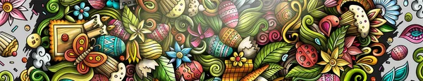 Cartoon Cute Colorful Raster Doodles Happy Easter Horizontal Banner Design — Stock Photo, Image