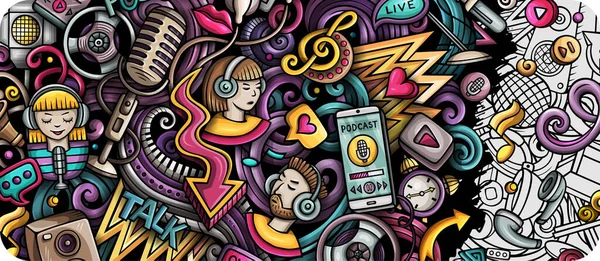 Audio Contenido Dibujado Mano Doodle Banner Caricatura Raster Folleto Detallado —  Fotos de Stock