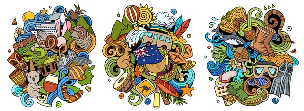 Australia Dibujos Animados Raster Doodle Designs Set Coloridas Composiciones Detalladas — Foto de Stock