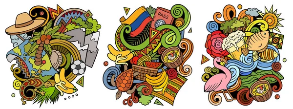 Ecuador Tecknad Raster Doodle Design Set Färgglada Detaljerade Kompositioner Med — Stockfoto