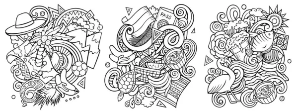 Ecuador Cartoon Raster Doodle Designs Set Sketchy Detailed Compositions Lot — Stock Photo, Image