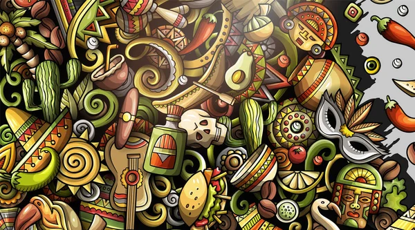 拉丁美洲手绘涂鸦横幅 卡通详细传单 具有物体和符号的拉美人身份 拉丁插图 彩色栅格设计元素背景 — 图库照片