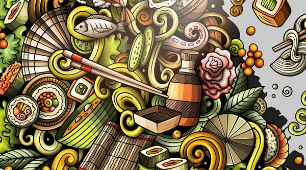 日本食品手绘涂鸦横幅 卡通详细传单 日本菜的特性与物体和符号 彩色栅格设计元素背景 — 图库照片