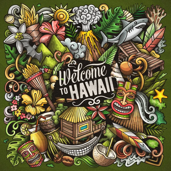 Illustration Gribouillis Dessins Animés Hawaïens Poster Design Hawaïen Éléments Tropicaux — Photo