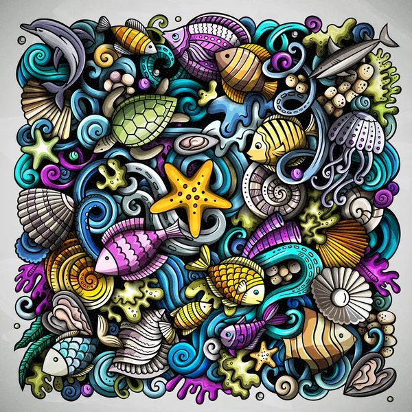 Kreskówkowy Raster Bazgroły Podwodny Świat Ilustracji Kolorowe Szczegółowe Mnóstwem Obiektów — Zdjęcie stockowe