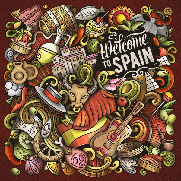 西班牙卡通片光栅涂鸦插图 西班牙海报设计 欧洲元素和物体背景 明亮的颜色有趣的图片 所有项目都分开 — 图库照片