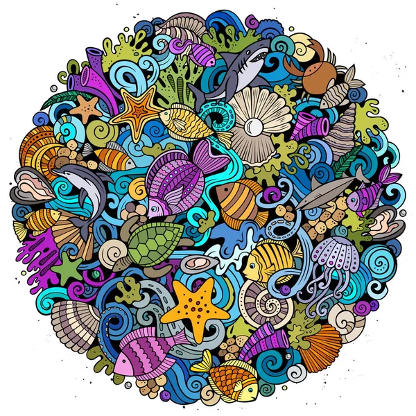 漫画のラスターのドア水中世界のイラスト 色鮮やかな 詳細な 多くのオブジェクトの背景と 全ての物は別々だ 明るい色海の生活面白い丸画像 — ストック写真