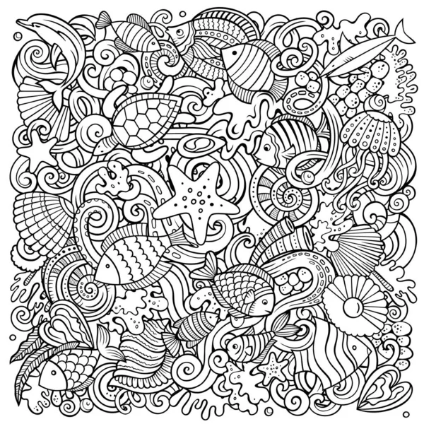 Zeichentrick-Raster-Doodles Unterwasserwelt Illustration — Stockfoto