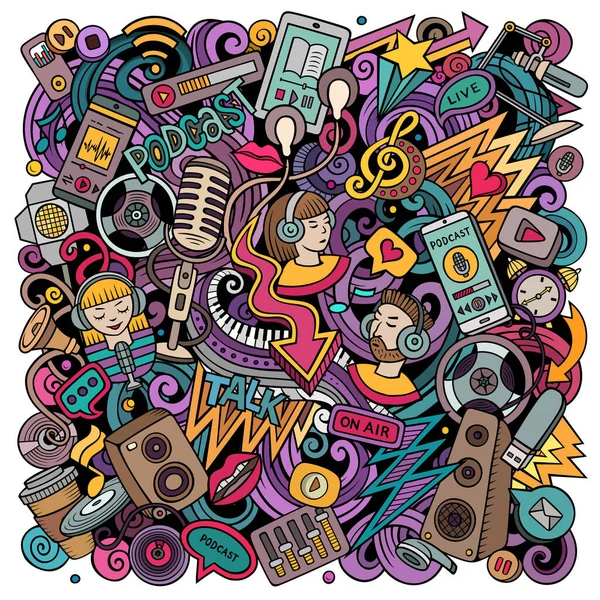 Audio Inhalte Cartoon Doodles Illustration Kreative Lustige Raster Hintergrund Podcasts — Stockfoto