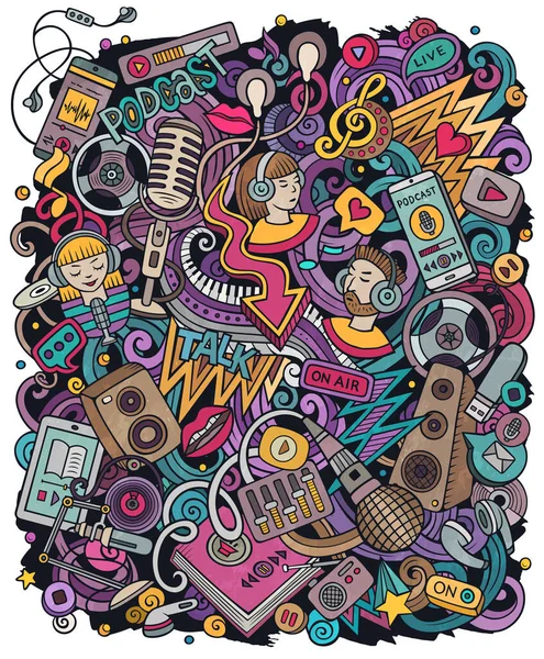 Audio content cartoon doodles illustration. Creative funny raster background. Podcasts, audiobooks, radio symbols, elements and objects. Colorful composition