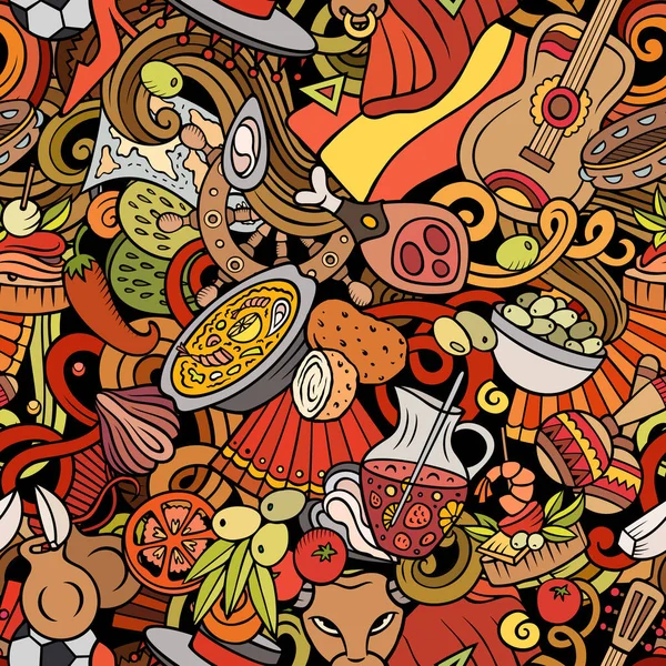 Cartoon doodles Spain seamless pattern. Latar Belakang dengan butir budaya Spanyol - Stok Vektor