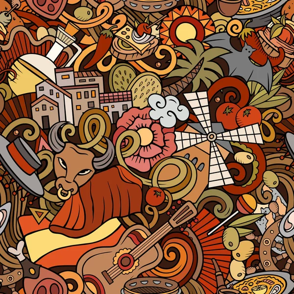 Cartoon doodles Ισπανία αδιάλειπτη μοτίβο. Backdrop με στοιχεία της ισπανικής κουλτούρας — Διανυσματικό Αρχείο
