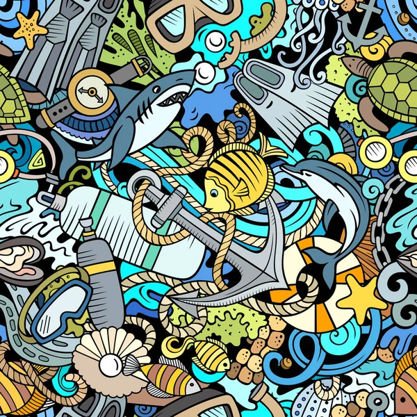 Desenhos Animados Doodles Mergulho Sem Costura Padrão Fundo Com Snorkeling —  Vetores de Stock