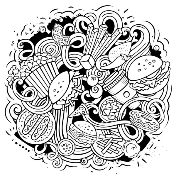 Fastfood Vector Krabbelt Illustratie Fast Food Ontwerp Ongezonde Voedsel Elementen — Stockvector