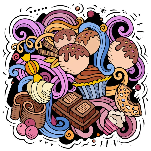 Sweet Food Vector Doodles Illustration Desserts Elements Objects Cartoon Background — Stockvector