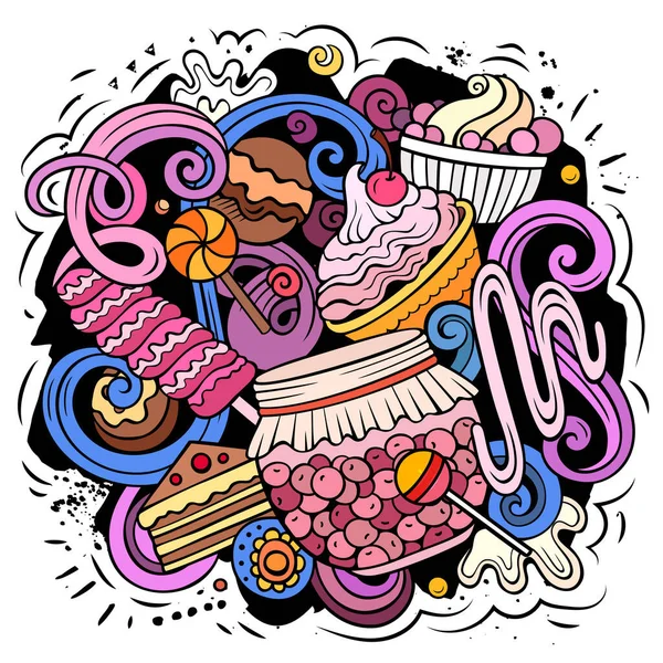 Sweet Food Vector Doodles Illustration Desserts Elements Objects Cartoon Background — стоковый вектор