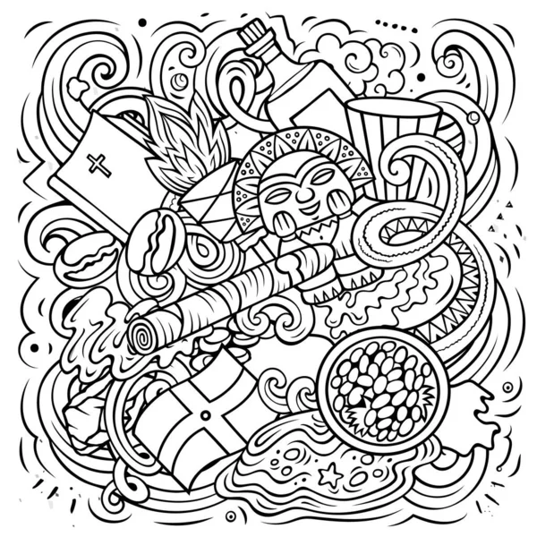 多米尼加共和国手绘漫画涂鸦插图 有趣的多米尼克式设计 具有北美国家元素和对象的创造性栅格背景 — 图库照片