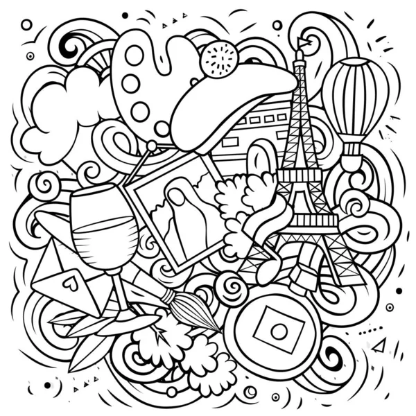 Иллюстрация Вектора Вектора Карикатуры Франции Детальная Композиция Большим Количеством Французских — стоковый вектор