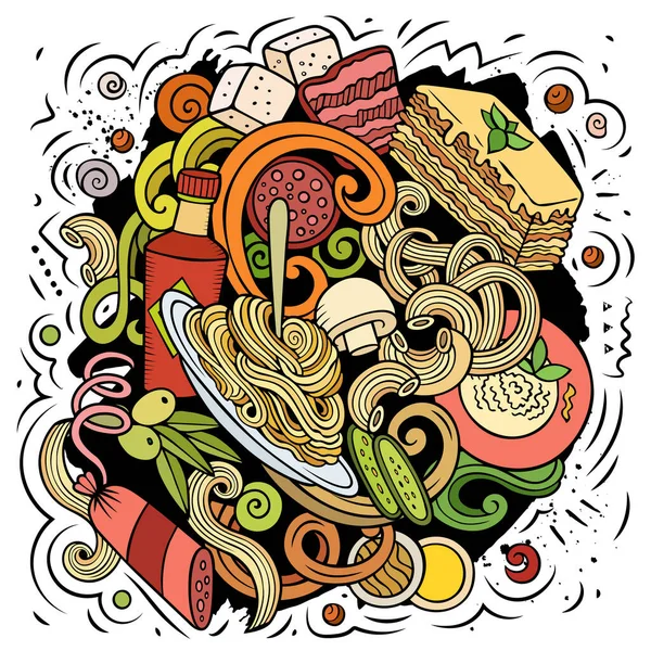 Cartoon Vector Doodles Italian Food Illustration Кольорове Детальне Багатьма Єктами — стоковий вектор