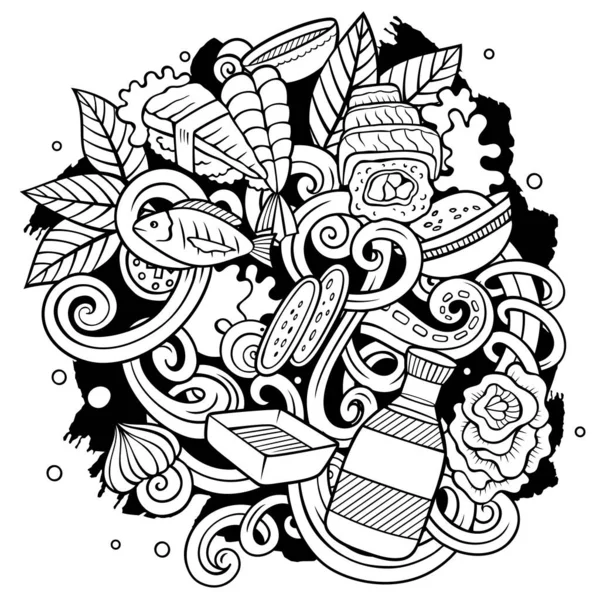 การ นเวกเตอร Doodles ภาพประกอบอาหารญ สเก รายละเอ ยดท นหล งของว านวนมาก — ภาพเวกเตอร์สต็อก