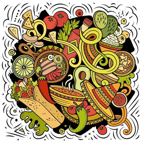 墨西哥食物手绘病媒涂鸦图解 烹饪海报的设计 墨西哥菜单元素和对象卡通背景 明亮的颜色有趣的图片 所有项目都分开 — 图库矢量图片