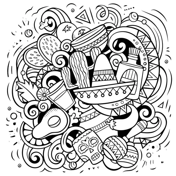 墨西哥卡通矢量涂鸦说明 带有大量墨西哥物品和符号的简洁而细致的构图 — 图库矢量图片