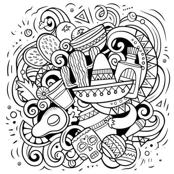 México Cartoon Vector Doodle Illustration Incompleta Composición Detallada Con Muchos — Vector de stock