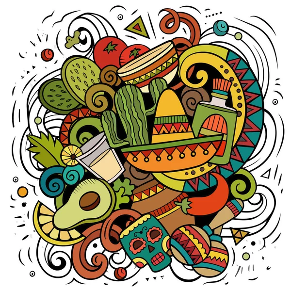 Messico Cartone Animato Vettoriale Doodle Illustrazione Colorata Composizione Dettagliata Con — Vettoriale Stock