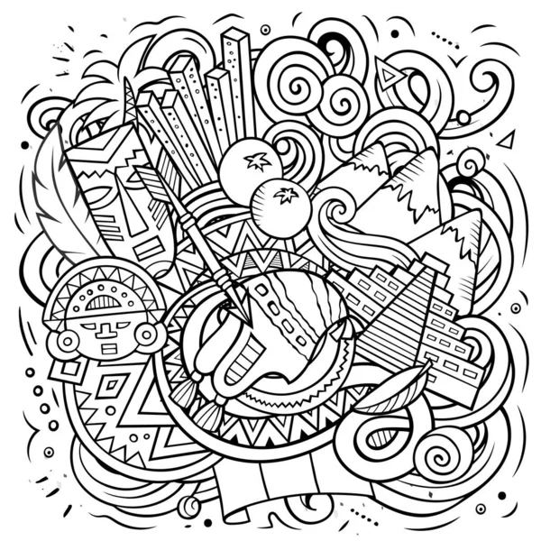 Перуанская Иллюстрация Векторных Каракулей Детальная Композиция Большим Количеством Перуанских Предметов — стоковый вектор