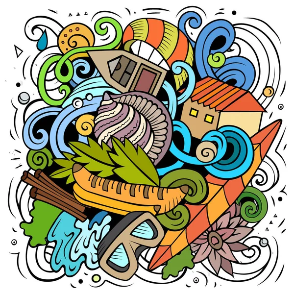 Seychelles Desenho Animado Ilustração Vetor Doodle Composição Detalhada Colorida Com — Vetor de Stock