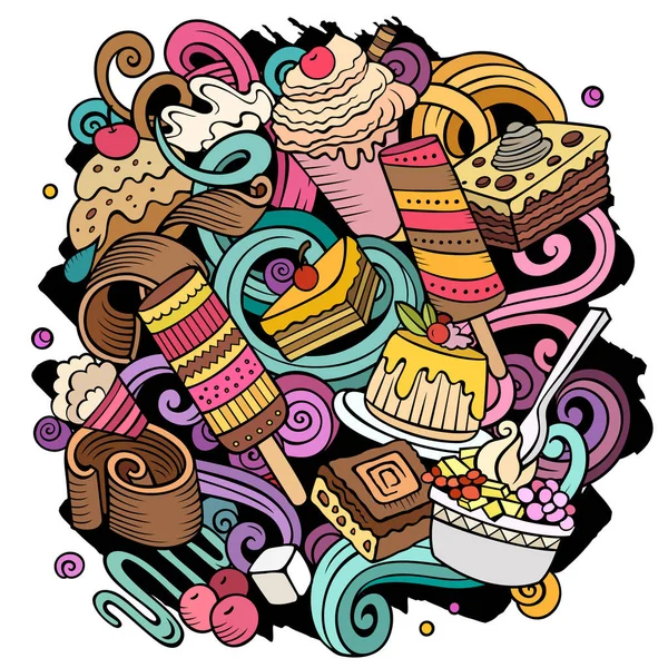 Sweet Food Vector Doodles Illustration Desserts Elements Objects Cartoon Background — Image vectorielle