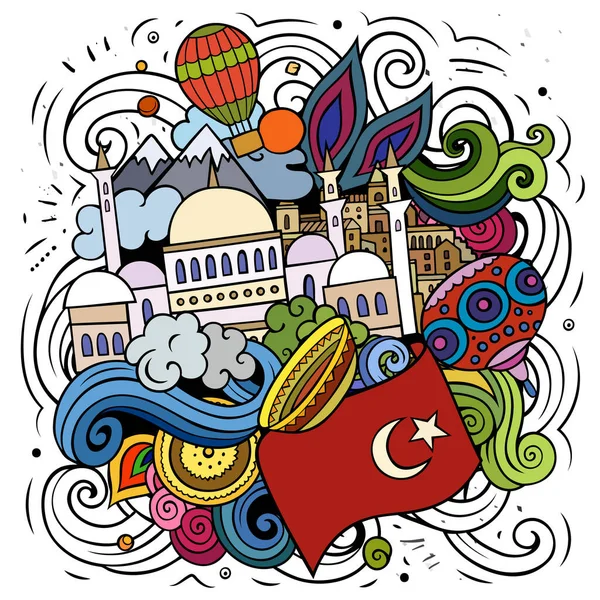 トルコの漫画ベクトルドアイラスト トルコのオブジェクトやシンボルの多くとカラフルな詳細な組成 — ストックベクタ