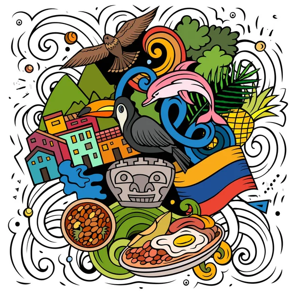 Colombia Disegnato Mano Fumetto Scarabocchi Illustrazione Divertente Design Viaggio Colombiano — Foto Stock