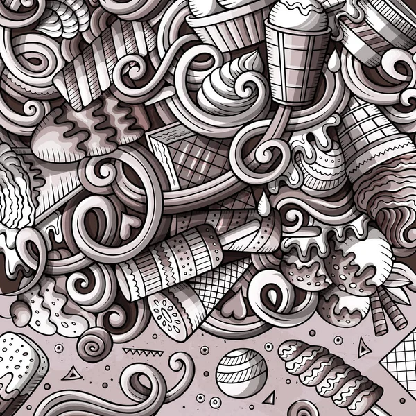 Dibujos Animados Dibujados Mano Garabatos Ilustración Helado Monocromo Marco Detallado —  Fotos de Stock