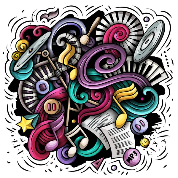 Muziekcartoon Raster Illustratie Kleurrijke Gedetailleerde Compositie Met Veel Muzikale Objecten — Stockfoto
