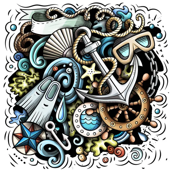 Nautical cartoon raster illustration. Colorful detailed composition with lot of Marine objects and symbols. All items are separate