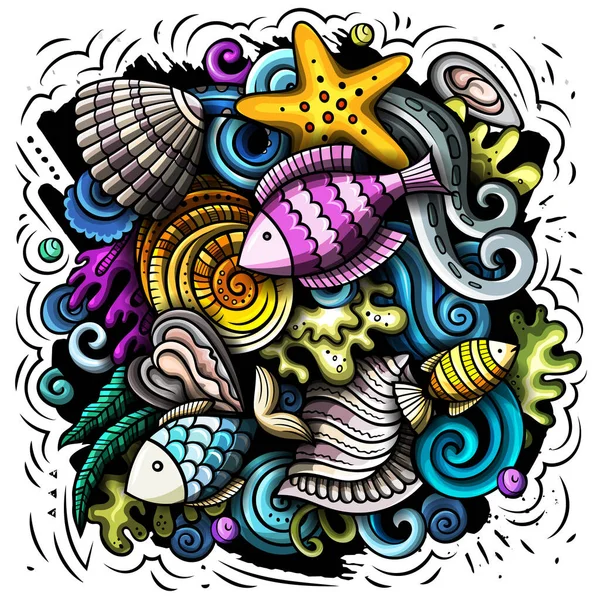 Ilustración Dibujos Animados Sea Life Colorida Composición Detallada Con Muchos — Foto de Stock