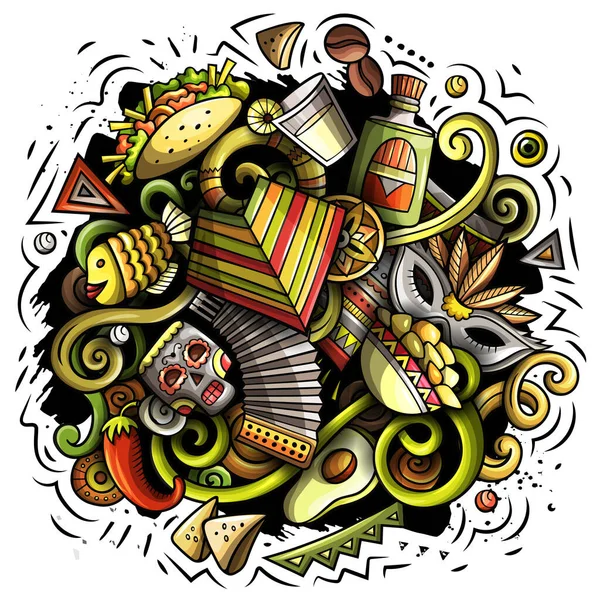 Latin America cartoon raster illustration. Colorful detailed composition with lot of Latinamerican objects and symbols. All items are separate