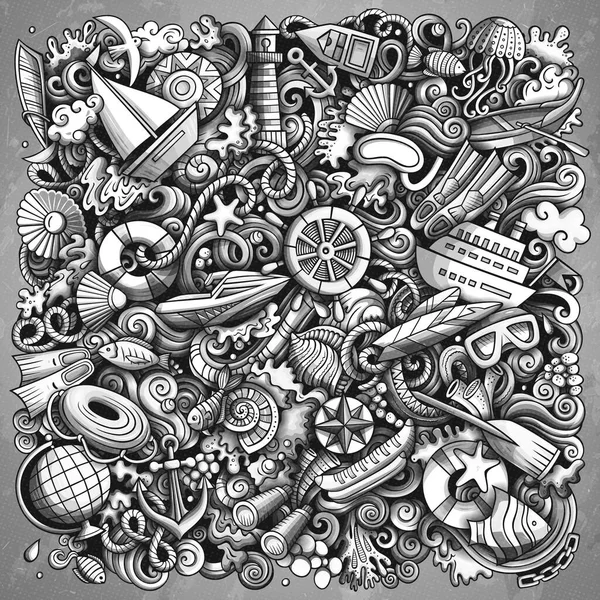 Marine hand drawn raster doodles illustration. Summer elements and objects cartoon background. Monochrome funny picture. All items are separated