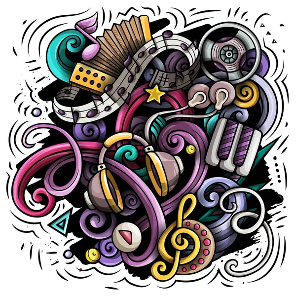 Music cartoon raster illustration. Colorful detailed composition with lot of Musical objects and symbols. All items are separate