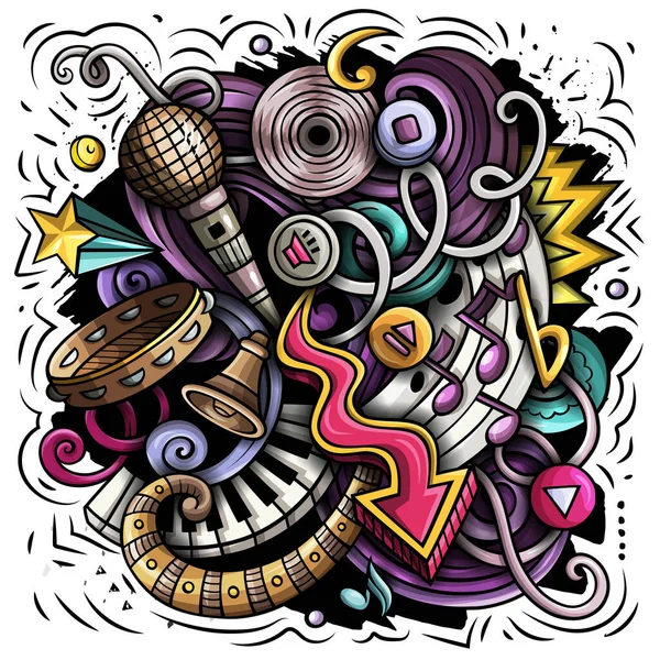 Muziekcartoon Raster Illustratie Kleurrijke Gedetailleerde Compositie Met Veel Muzikale Objecten — Stockfoto
